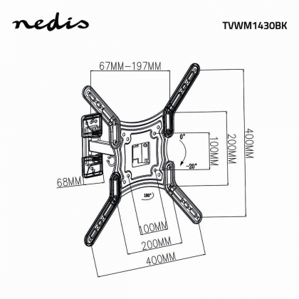 Draai- en Kantelbare TV-Muurbeugel | 23 - 55 " | Maximaal schermgewicht: 30 kg | Kantelbaar | Draaibaar | Minimale muurafstand: 67 mm | Maximale muurafstand: 197 mm | 2 Draaipunt(en) | ABS / Staal | Zwart
