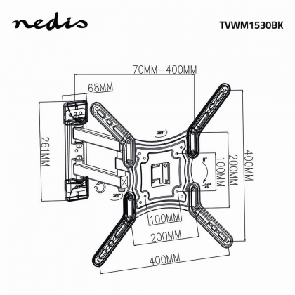 Draai- en Kantelbare TV-Muurbeugel | 23 - 55 " | Maximaal schermgewicht: 30 kg | Kantelbaar | Draaibaar | Minimale muurafstand: 70 mm | Maximale muurafstand: 400 mm | 3 Draaipunt(en) | ABS / Staal | Zwart