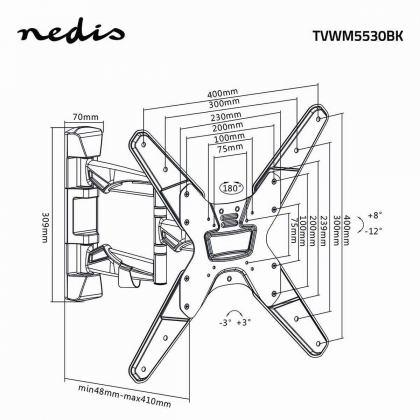 Draai- en Kantelbare TV-Muurbeugel | 23 - 55 " | Maximaal schermgewicht: 30 kg | Kantelbaar | Draaibaar | Minimale muurafstand: 48 mm | Maximale muurafstand: 410 mm | 3 Draaipunt(en) | Staal | Zwart