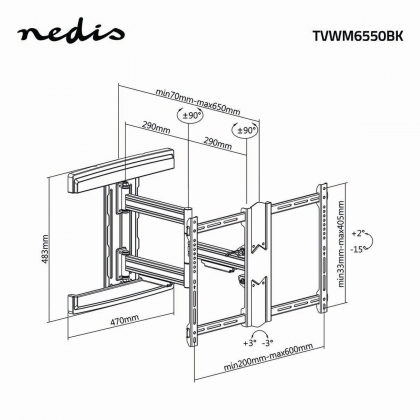 Draai- en Kantelbare TV-Muurbeugel | 37 - 80 " | Maximaal schermgewicht: 50 kg | Kantelbaar | Draaibaar | Minimale muurafstand: 70 mm | Maximale muurafstand: 650 mm | 3 Draaipunt(en) | Staal | Zwart