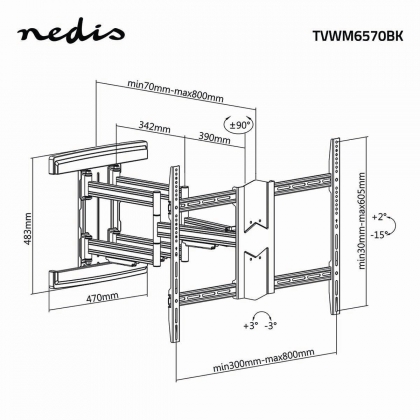 Draai- en Kantelbare TV-Muurbeugel | 43 - 100 " | Maximaal schermgewicht: 70 kg | Kantelbaar | Draaibaar | Minimale muurafstand: 70 mm | Maximale muurafstand: 800 mm | 3 Draaipunt(en) | Staal | Zwart