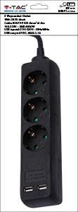 V-TAC Stekkerdoos| 3-Wegs Schuko | 2x USB | 1,5 m | Zwart