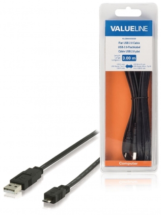 USB 2.0 Kabel USB A Male - Micro-B Male Plat 3.00 m Zwart