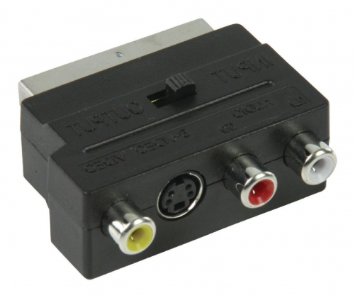 SCART-Adapter Schakelbaar SCART Male - S-Video Female + 3x RCA Female Zwart