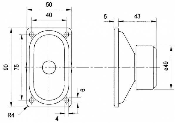 Magnetisch afgeschermde 5 x 9 cm (2" x 3,5") fullrange driver