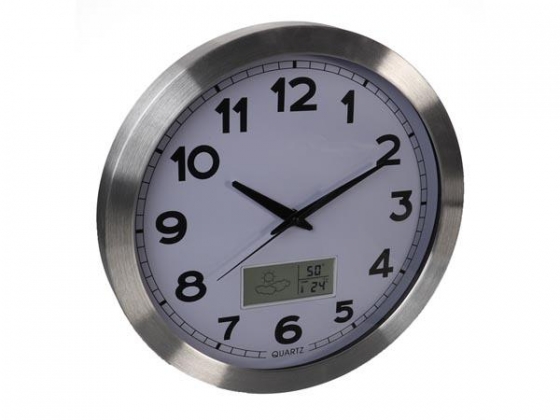 ALUMINIUM WANDKLOK MET LCD-DISPLAY EN THERMOMETER, HYGROMETER & WEERSVOORSPELLING - Ø 35 cm