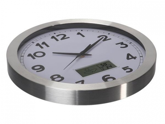 ALUMINIUM WANDKLOK MET LCD-DISPLAY EN THERMOMETER, HYGROMETER & WEERSVOORSPELLING - Ø 35 cm