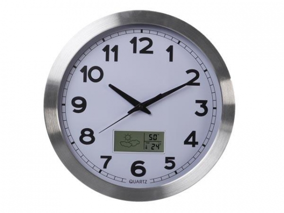 ALUMINIUM WANDKLOK MET LCD-DISPLAY EN THERMOMETER, HYGROMETER & WEERSVOORSPELLING - Ø 35 cm