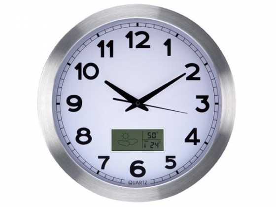 ALUMINIUM WANDKLOK MET LCD-DISPLAY - THERMOMETER, HYGROMETER EN WEERSVOORSPELLING - ALUMINIUM - Ø 35 cm