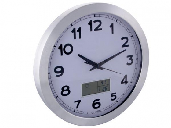 ALUMINIUM WANDKLOK MET LCD-DISPLAY - THERMOMETER, HYGROMETER EN WEERSVOORSPELLING - ALUMINIUM - Ø 35 cm
