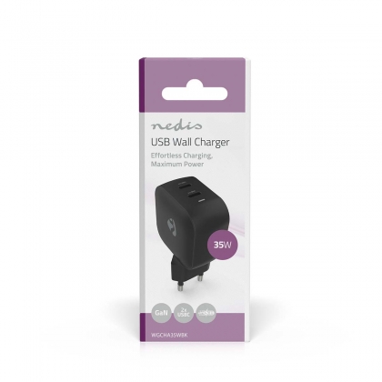 Oplader | 35 W | GaN | PD3.0 | Snellaad functie | 1.75 / 2.33 / 2.92 / 3.0 A | Outputs: 2 | 2x USB-C™ | Automatische Voltage Selectie | Zwart
