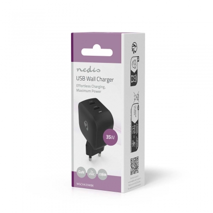 Oplader | 35 W | GaN | PD3.0 | Snellaad functie | 1.75 / 2.33 / 2.92 / 3.0 A | Outputs: 2 | 2x USB-C™ | Automatische Voltage Selectie | Zwart