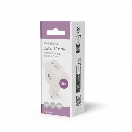 Oplader | 35 W | GaN | PD3.0 | Snellaad functie | 1.75 / 2.33 / 2.92 / 3.0 A | Outputs: 2 | 2x USB-C™ | Automatische Voltage Selectie | Wit