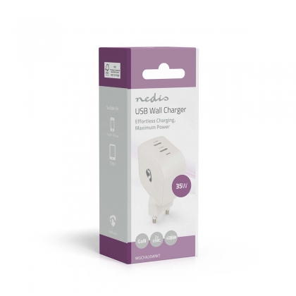 Oplader | 35 W | GaN | PD3.0 | Snellaad functie | 1.75 / 2.33 / 2.92 / 3.0 A | Outputs: 2 | 2x USB-C™ | Automatische Voltage Selectie | Wit