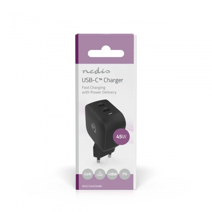 Oplader | 45 W | GaN | PD3.0 | Snellaad functie | 2.25 / 3.0 A | Outputs: 2 | 2x USB-C™ | Automatische Voltage Selectie | Zwart