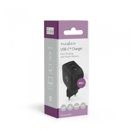 Oplader | 45 W | GaN | PD3.0 | Snellaad functie | 2.25 / 3.0 A | Outputs: 2 | 2x USB-C™ | Automatische Voltage Selectie | Zwart