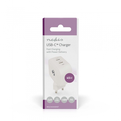 Oplader | 45 W | GaN | PD3.0 | Snellaad functie | 2.25 / 3.0 A | Outputs: 2 | 2x USB-C™ | Automatische Voltage Selectie | Wit