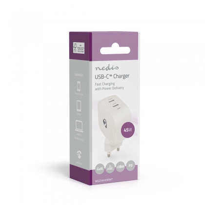 Oplader | 45 W | GaN | PD3.0 | Snellaad functie | 2.25 / 3.0 A | Outputs: 2 | 2x USB-C™ | Automatische Voltage Selectie | Wit