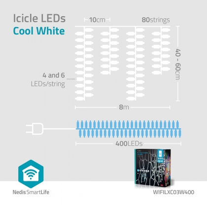 SmartLife-kerstverlichting | Ijskegel | Wi-Fi | Koel Wit | 400 LED's | 8.00 m | Android™ / IOS