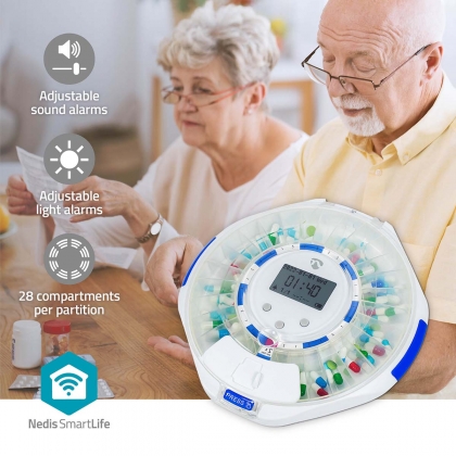 Smart Home Medicijndispenser | Wi-Fi | 28 Compartimenten | Aantal alarmtijden: 9 alarmtijden per dag | Licht / Piep / Stem | LCD scherm | Wit