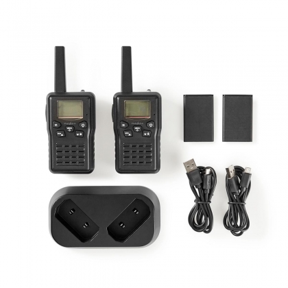 Walkie talkie Set | 2 Handsets | Tot 10 km | Frequentiekanalen: 8 | PTT / VOX | tot 6 uur | Oplaadstation inbegrepen | Koptelefoonoutput | Zwart