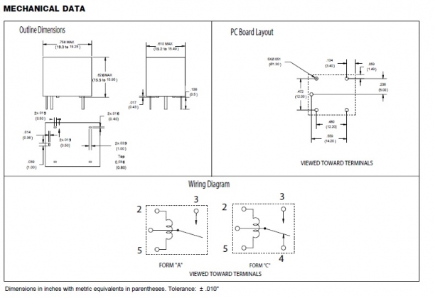 Miniatuur printrelais 12Vdc 1xwissel 10A 360mW